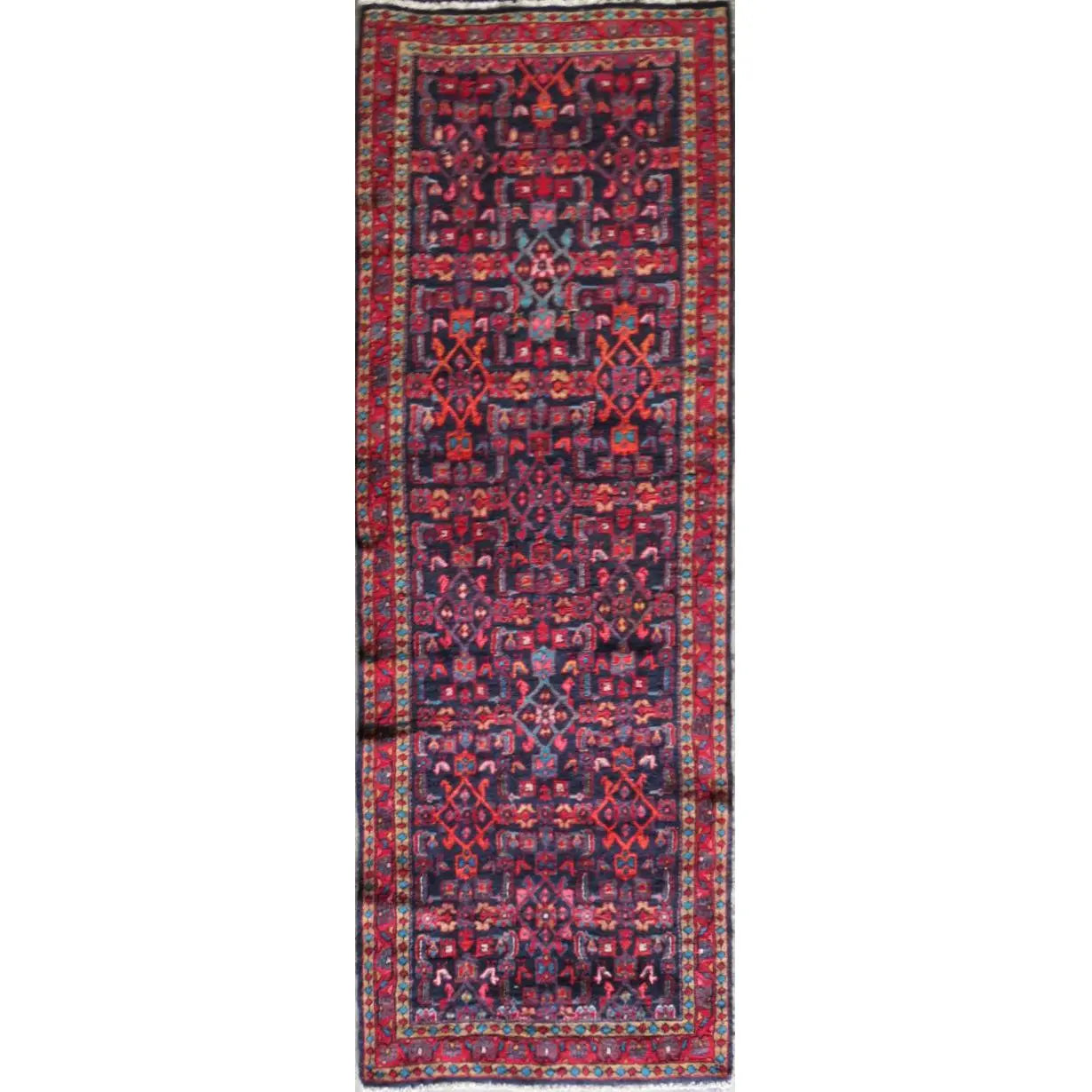 One Of The Kind Hand-Knotted Persian Wool Rug _ Luxurious Vintage Design, 10'10" x 3'3", Artisan Crafted